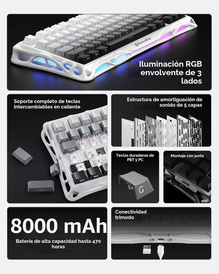 GravaStar Teclado mecánico inalámbrico Mercury K1 75% para juegos,...