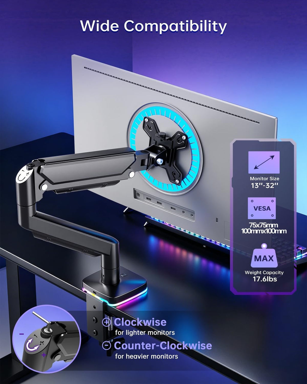 Brazo de monitor de resorte de gas RGB con concentrador USB para monitores