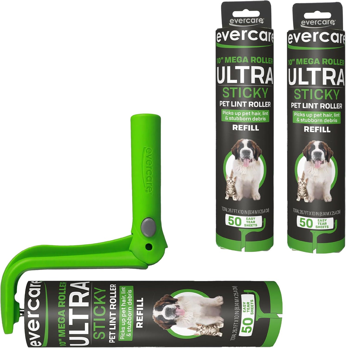 Lámpara Evercare Ultra Sticky Pet Mega - Rodillo de pelusa para mascotas, limpiador manual de ropa y muebles con mango y 2 repuestos, 50 hojas cada uno