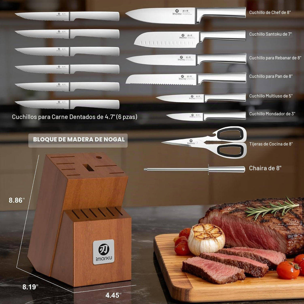 imarku Juego de cuchillos de 15 piezas con afilador integrado, juego de cuchillos de cocina de acero inoxidable japonés de alto carbono, apto para lavavajillas, juego de cuchillos de chef con bloque