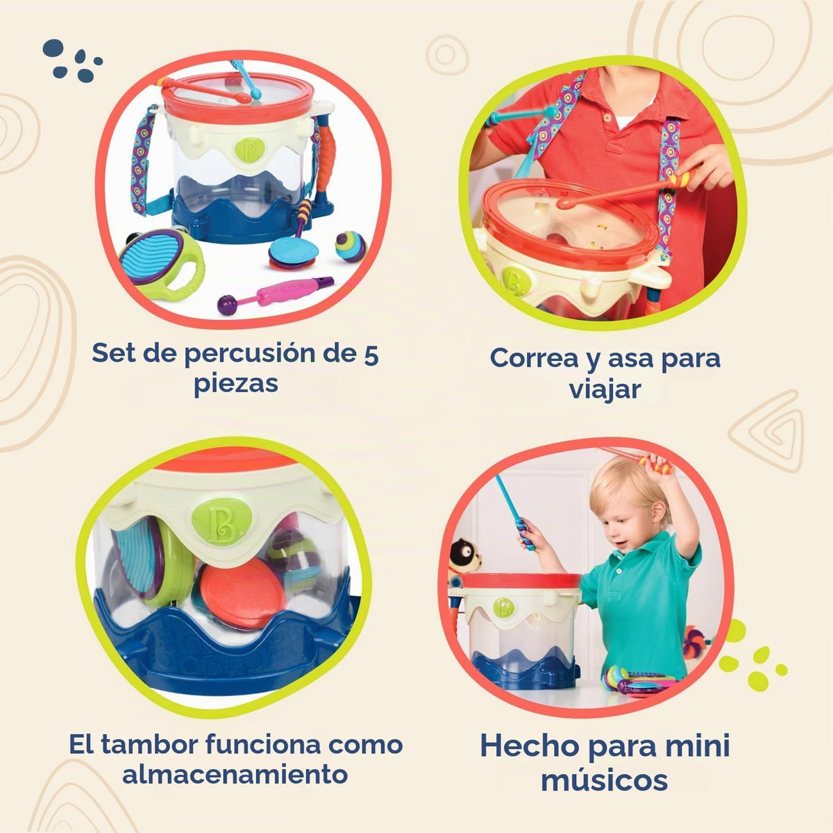 B. toys Kids Set, Drumroll Please! 7-Piece Portable Music Kit, B. Drumroll
