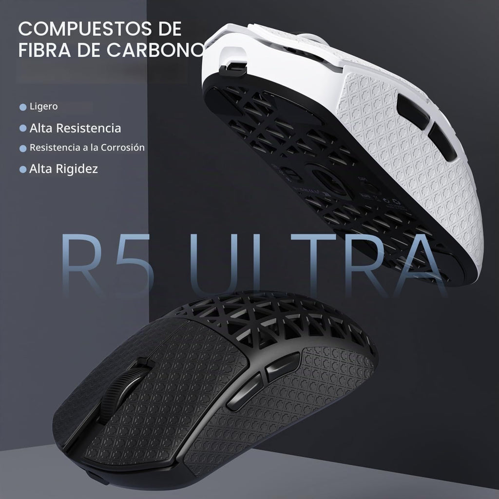 R5Ultra 8K Ratón Inalámbrico de Fibra de Carbono para Juegos con 42,000 DPI - Sensor PAW3950 MAX - Chip MCU Nordic 52840 - 39g Ultraligero - Ratones Programables con Cable/BT/2.4GHz Griptape para PC