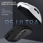 R5Ultra 8K Ratón Inalámbrico de Fibra de Carbono para Juegos con 42,000 DPI - Sensor PAW3950 MAX - Chip MCU Nordic 52840 - 39g Ultraligero - Ratones Programables con Cable/BT/2.4GHz Griptape para PC
