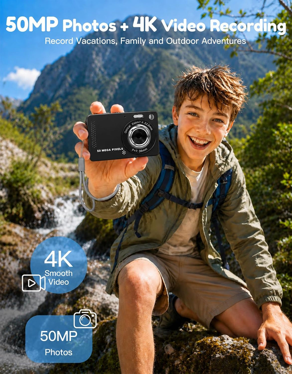 Cámara digital de 50 MP, cámara de vlogging 4K con funda impermeable IP68, zoom 16X, cámara de enfoque automático de 32 filtros para niños, para viajes, niños y adolescentes