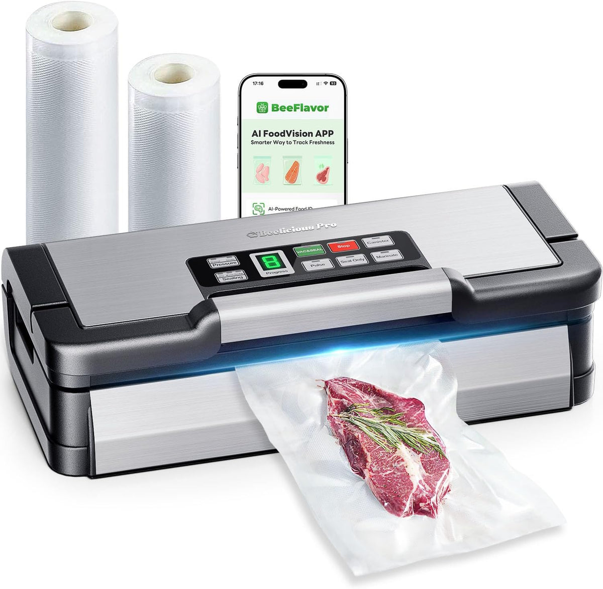 Máquina selladora al vacío de 95 kPa con tecnología AquaLock, sellador automático de alimentos de doble bomba para alimentos secos y húmedos, doble sellado térmico, cortador integrado, almacenamiento