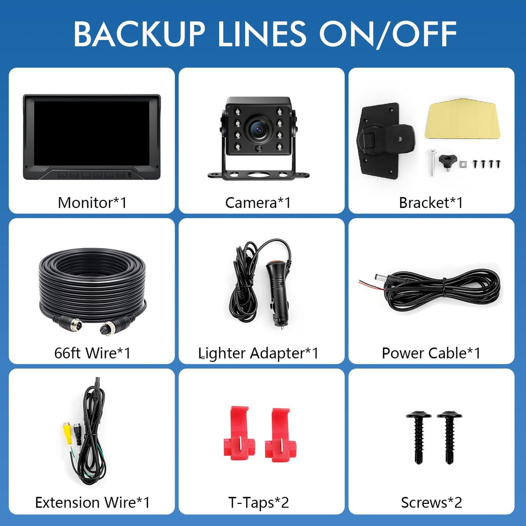 Sistema de cámara de respaldo para RV, cámara de respaldo con cable de 7 pulgadas para camión, remolque, cámper, cámara de visión trasera HD 1080P con 2 canales, cero retardo, gran angular de 150°, visión nocturna LED, impermeable IP69, pautas de