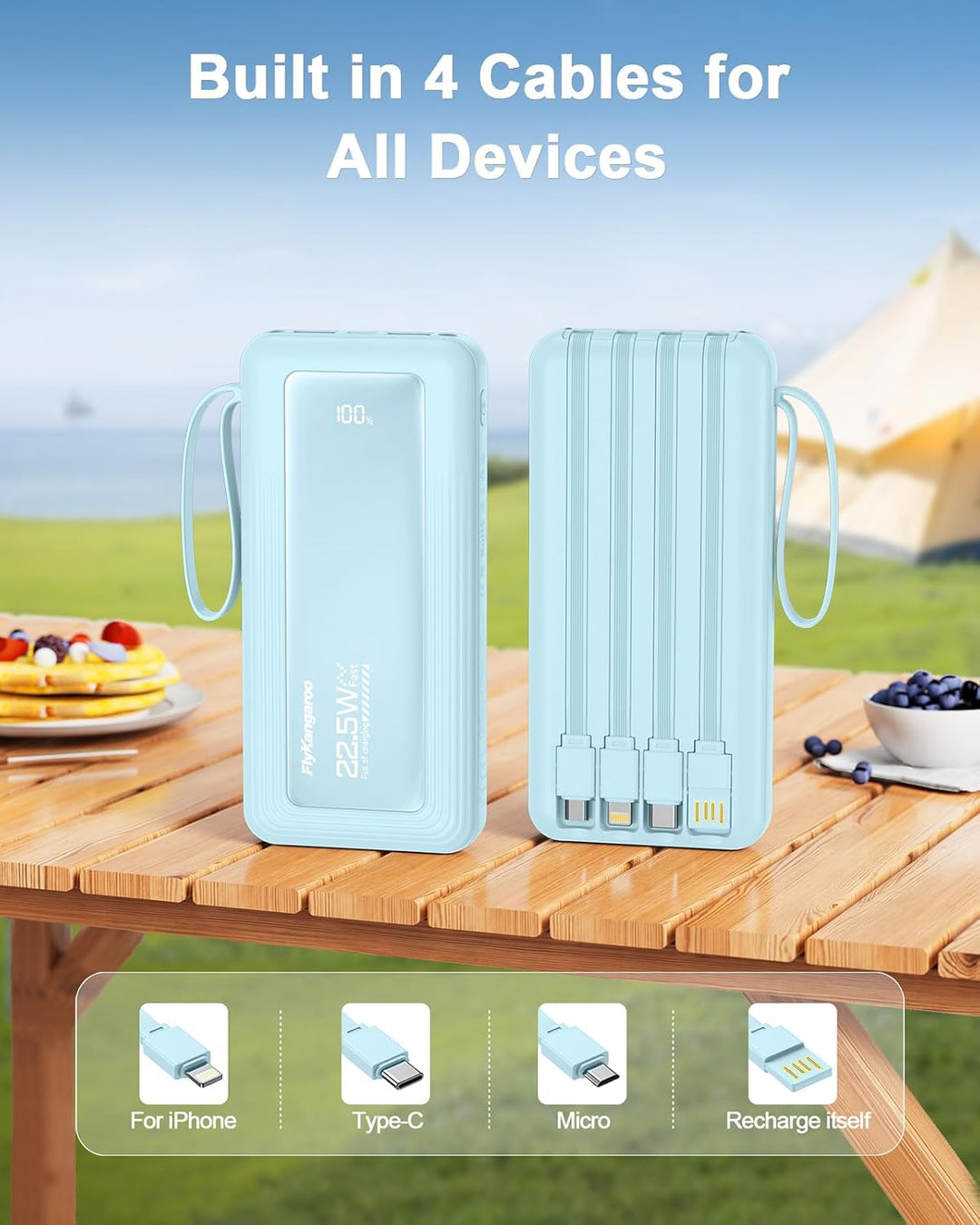 FlyKangaroo - Cargador portátil con cables integrados, batería de 1...