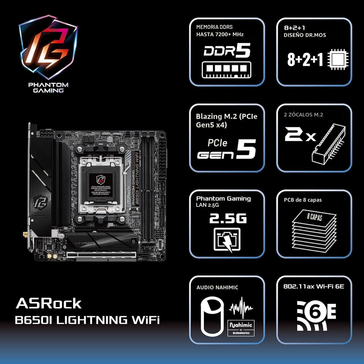 ASRock B650I Lightning WiFi AMD AM5 Mini-ITX Motherboard, WiFi Lightning