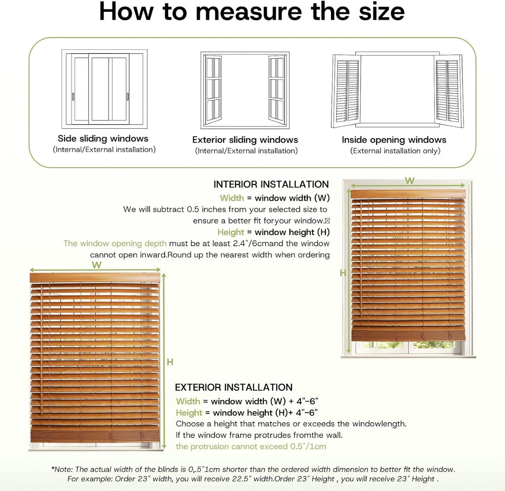 Persianas de Madera Real sin Cuerda de 2" para Interior 23"W x 48"H en Nogal Pecan Basswood