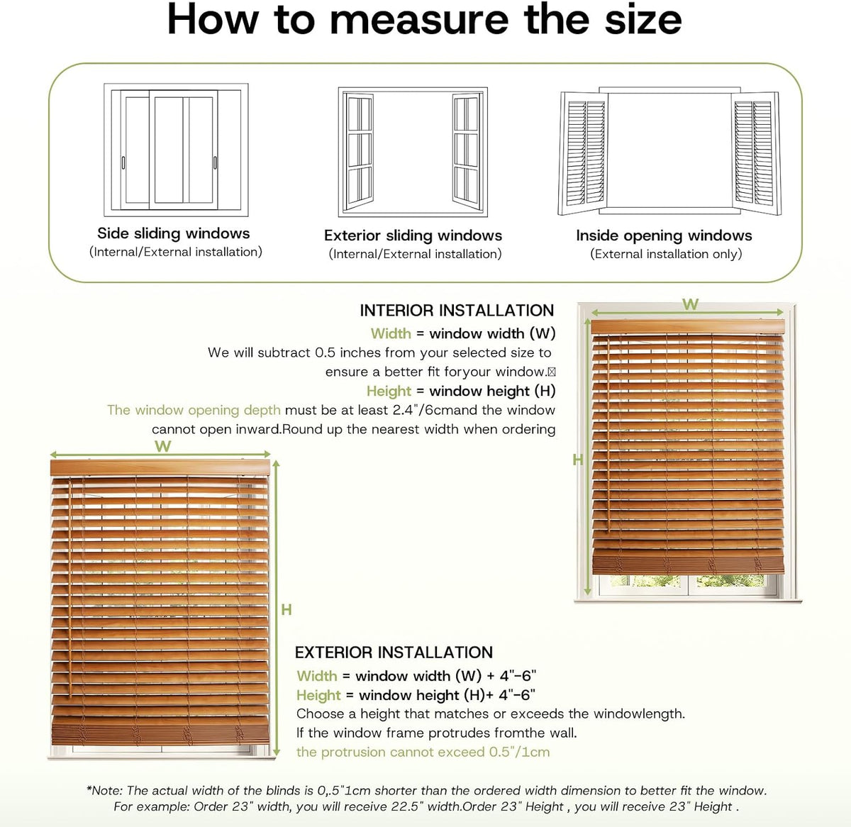 Persianas de Madera Real sin Cuerda de 2" para Interior 23"W x 48"H en Nogal Pecan Basswood