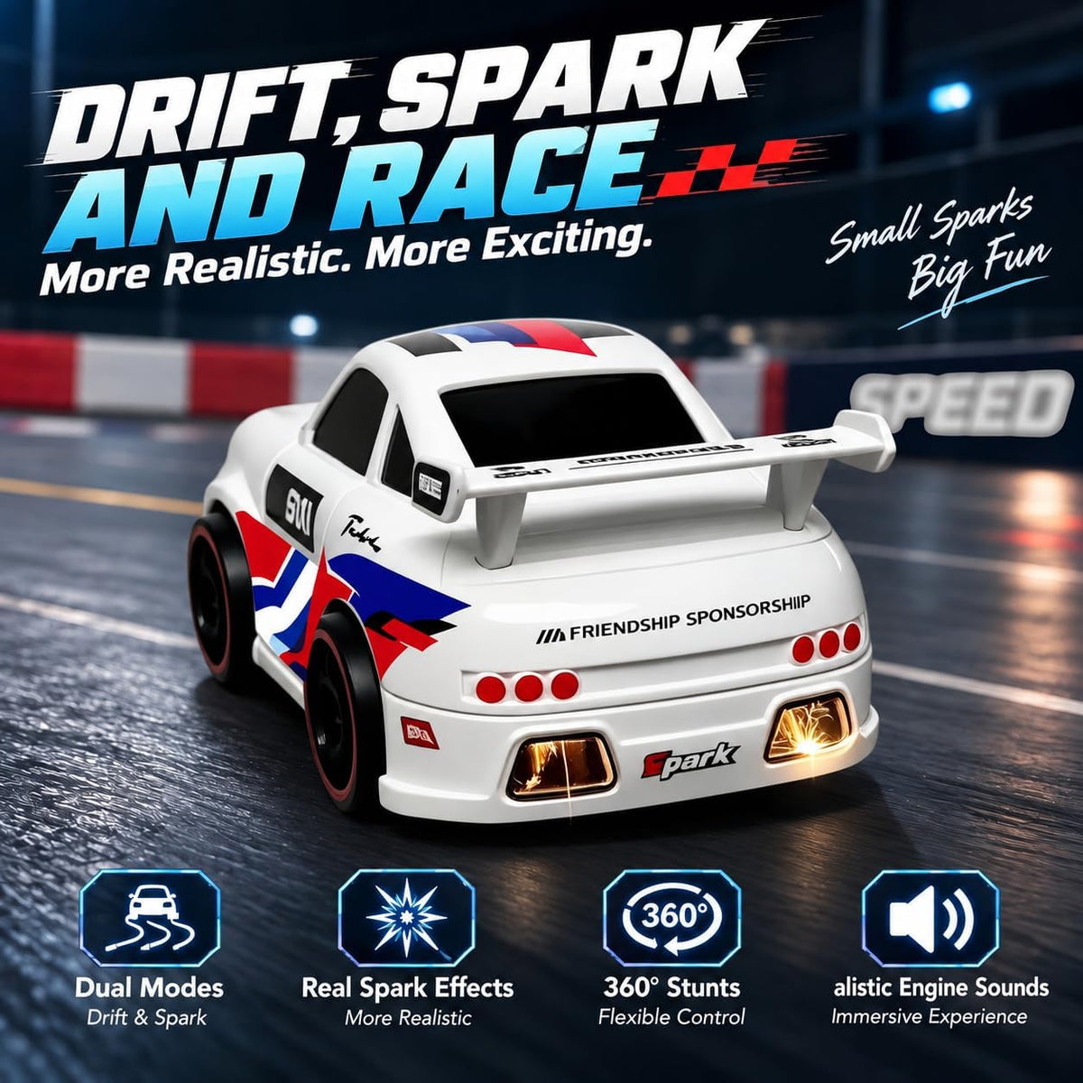 Coche de deriva RC con efecto chispa, coche de acrobacias con