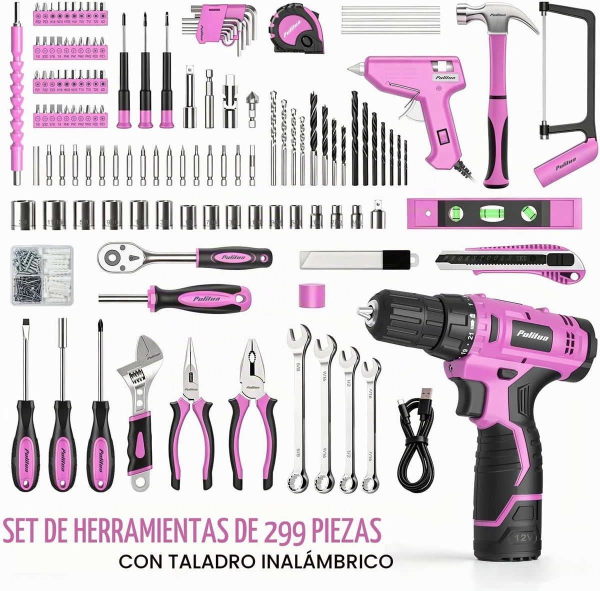 PULITUO Juego de taladro inalámbrico, juego de taladro eléctrico de 12 V con batería y cargador, brocas eléctricas/taladro, portabrocas sin llave de 3/8 pulgadas, ajuste de par 21+1, 180