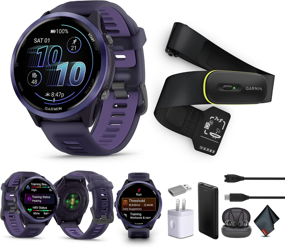 Garmin Forerunner 570 - Reloj inteligente para correr, WiFi de 1.722 pulgadas, reloj de fitness con GPS para hombres y mujeres, aluminio índigo con banda translúcida imperial púrpura/índigo + monitor