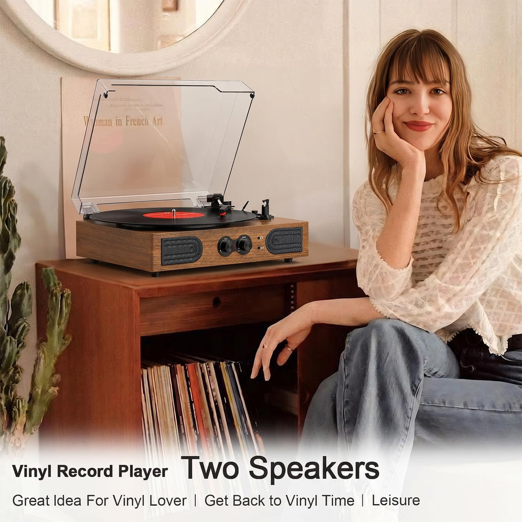 Tocadiscos de vinilo de 3 velocidades con altavoces, control de bajos