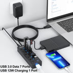 FEMORO, FE033-D1, hub USB 3.0 de 7 puertos, alimentado, adaptador 5V/3A