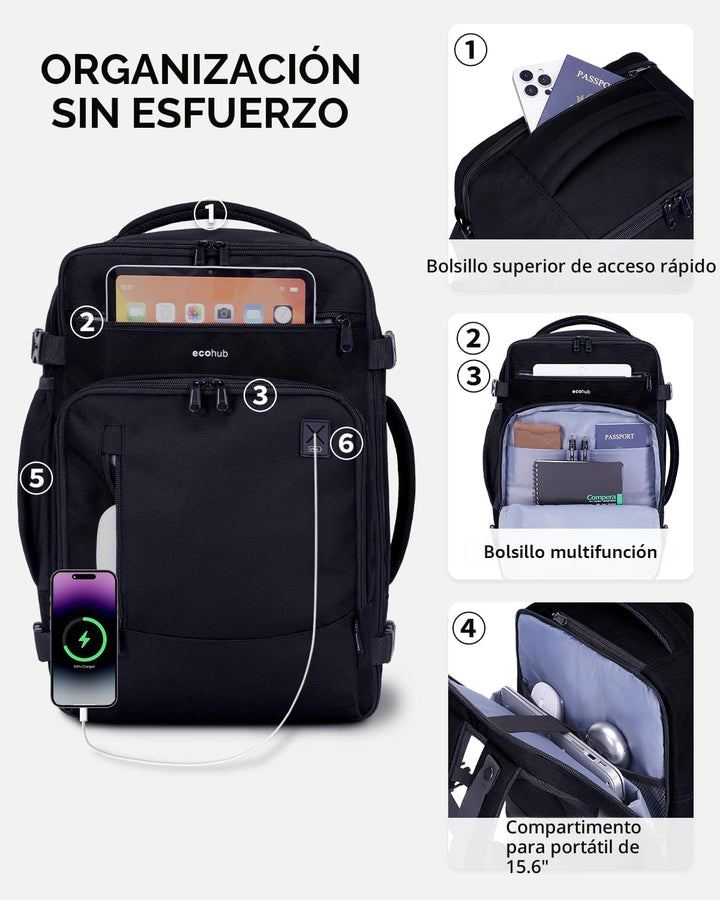 ECOHUB Mochila de Viaje Mochila de Equipaje de Mano, Negro-3, Mochi...