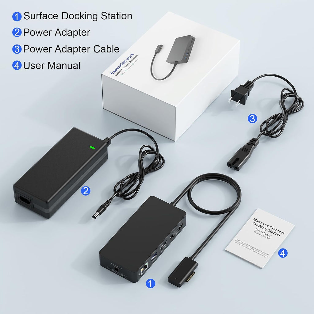 Estación de acoplamiento para superficie con adaptador de corriente, base de superficie 11 en 1, monitor dual 4K HDMI y VGA, Ethernet, concentrador USB, lector de tarjetas SD/TF para Surface Pro
