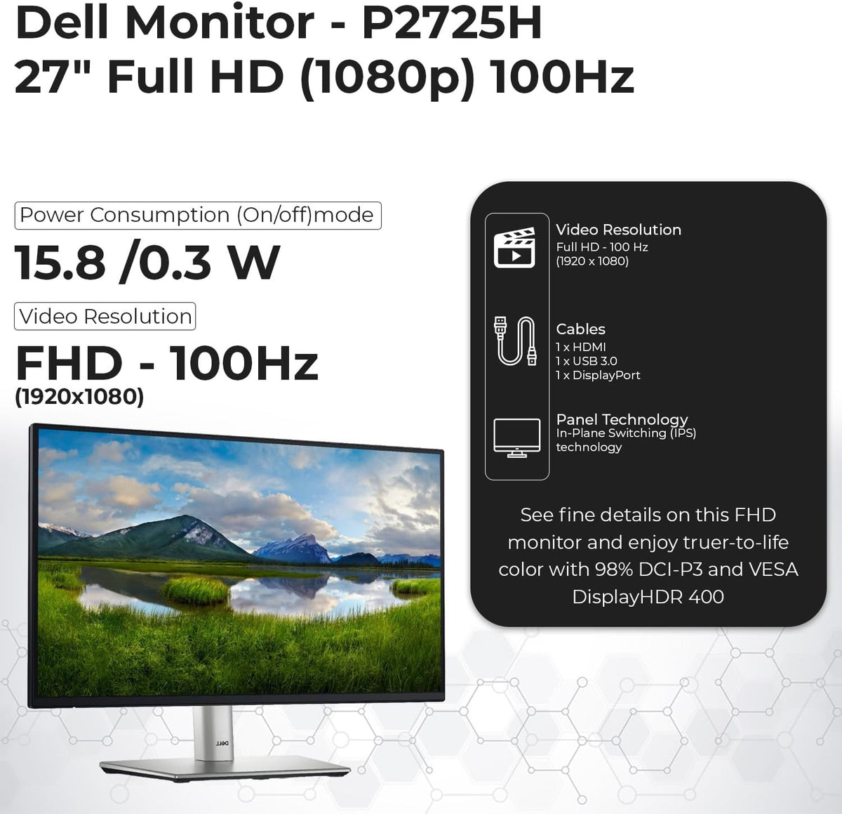 P2725H - Monitor Full HD de 27 pulgadas 1920 x 1080, paquete de pantalla de monitor de computadora con cable de alimentación USB 3.0, cable ascendente, DisplayPort + cables HDMI + paño