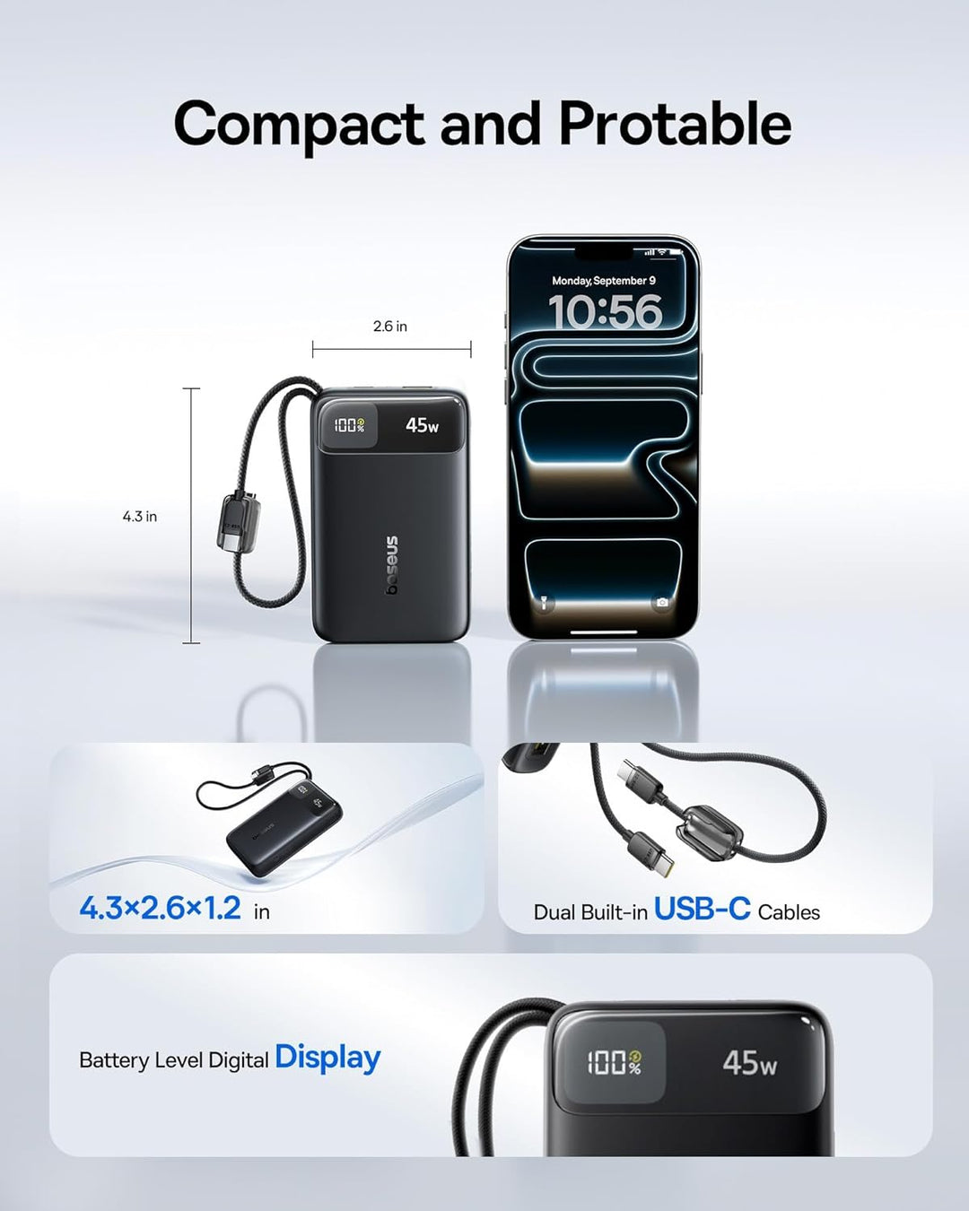 Baseus Cargador portátil compacto de 20000 mAh de 45 W, banco de en...