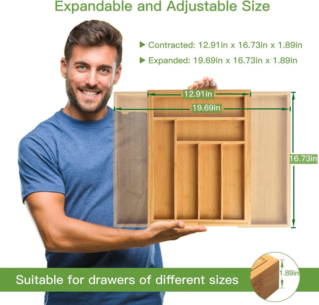 Pipishell Organizador de cajones extensible de bambú para soporte de utensilios, bandeja de cubiertos ajustable, organizador de separadores de cajones de madera para cubiertos, cubiertos, cuchillos en cocina, dormitorio, sala de estar