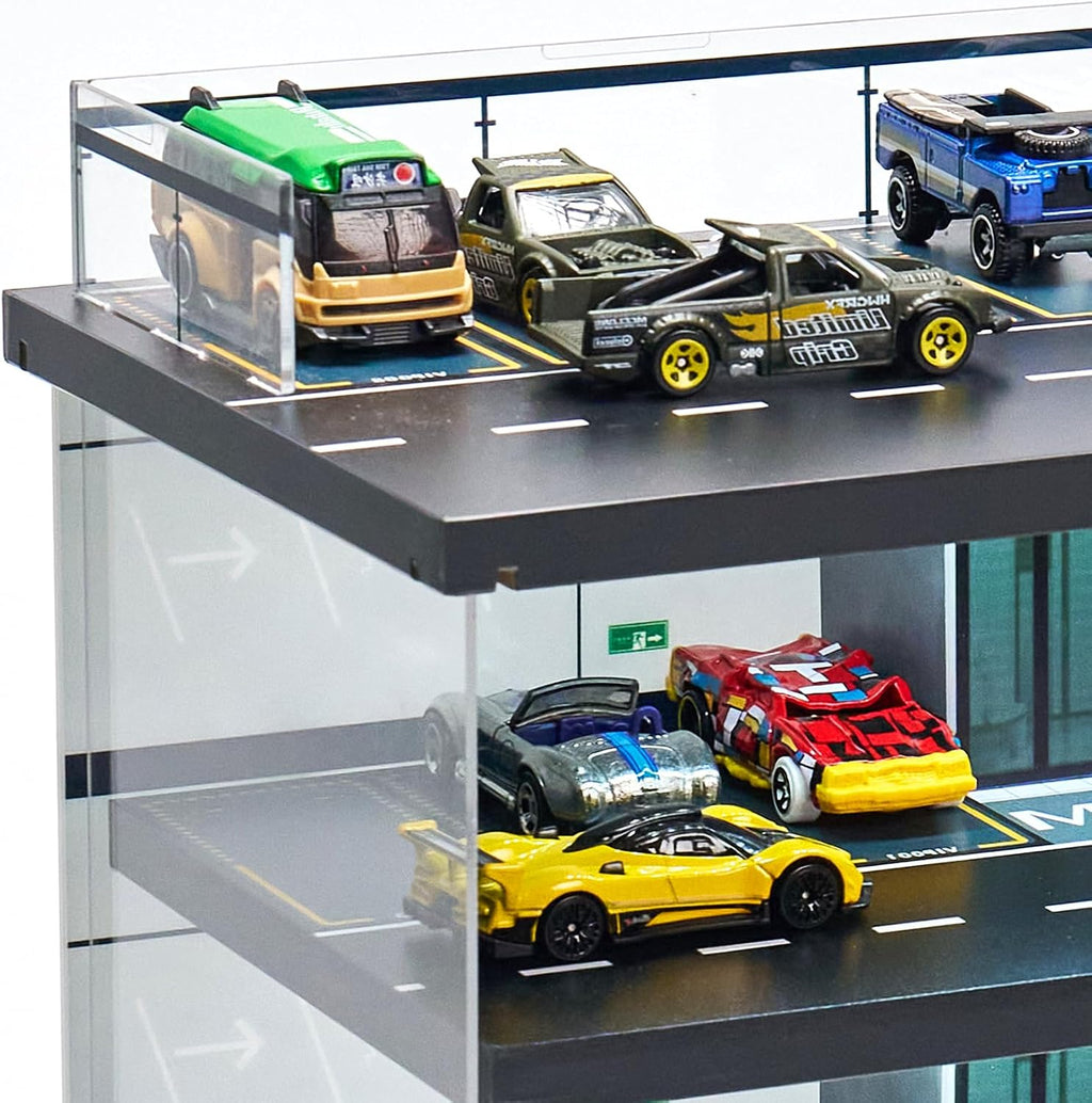 Estuche de exhibición para Hot Wheels Garage y autos Matchbox con luz LED, estuche de almacenamiento para Hot Wheels, diorama de garaje de estacionamiento con 4 niveles, máximo 58 autos a escala 1/64