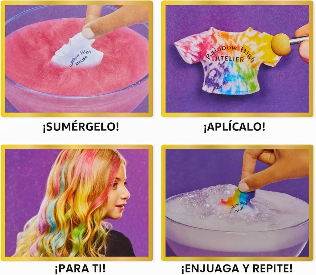 Rainbow High Muñeca de moda DIY para crear y colorear con acuarelas lavables + kit de teñido anudado, ojos marrones, cabello rizado, top y zapatos extra. Colorea, crea, juega, enjuaga y repite