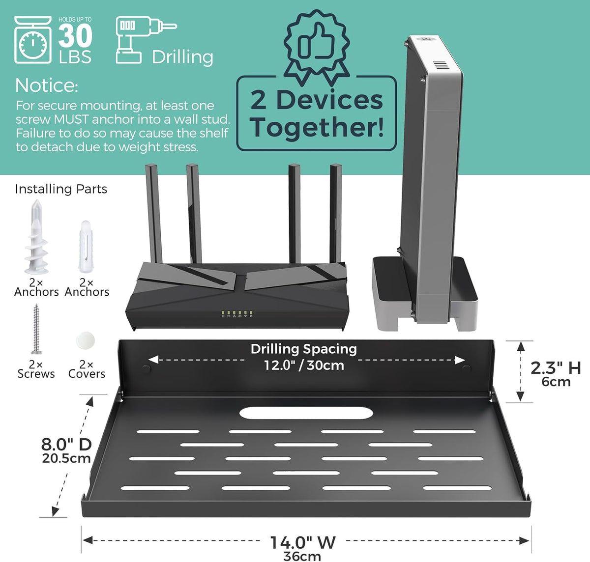 Soporte de pared plegable para estante de enrutador, 14 pulgadas de ancho para enrutador y módem, estante de metal plegable con orificio para cable y rejillas de ventilación de calor, soporte
