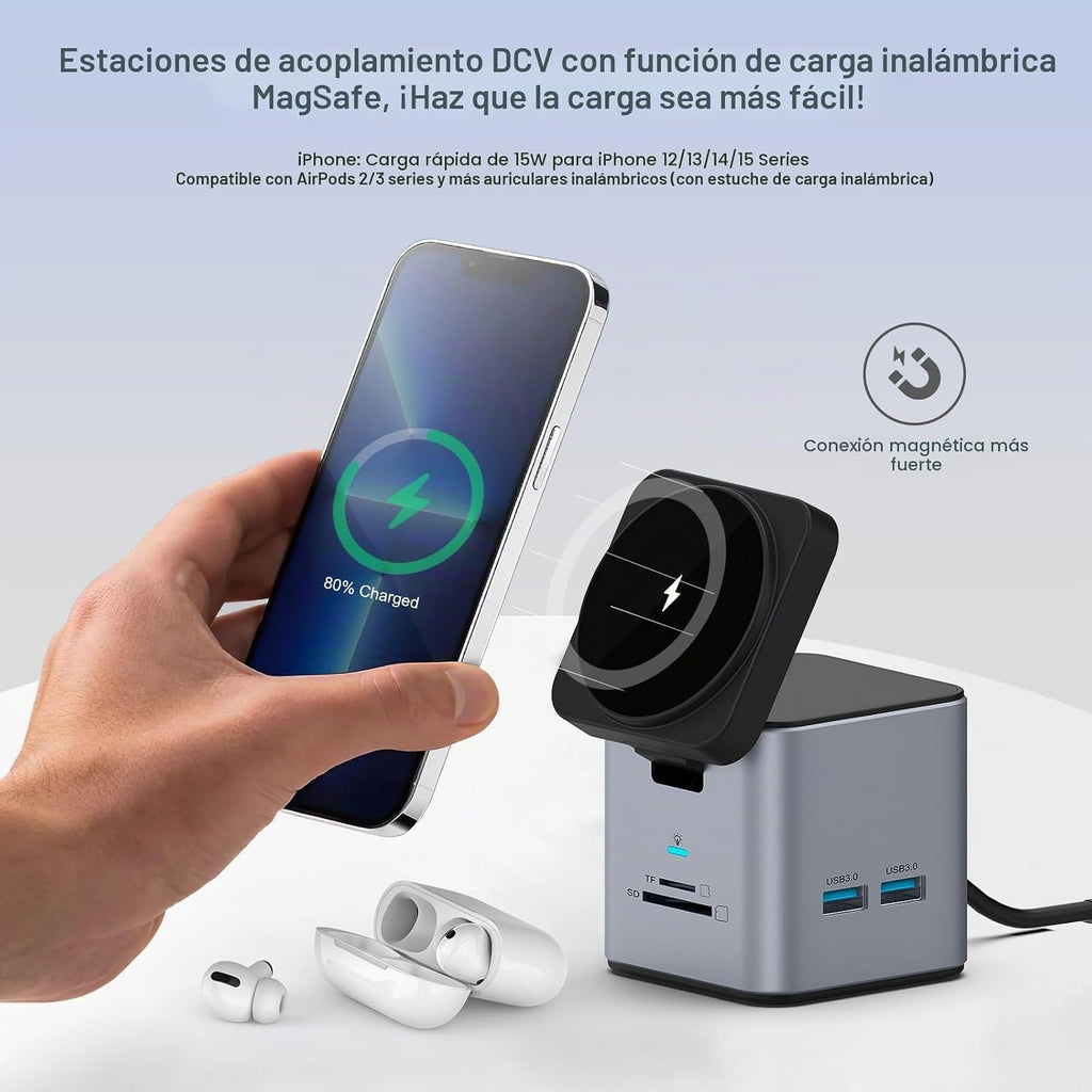 Estación de acoplamiento USB C para laptop con soporte de cargador MagSafe, adaptador multipuerto USB C Hub 9 en 1 con HDMI 4K, Ethernet de 1 Gbps, 3 USB 3.0, SD/TF, compatible con MacBook/Dell/HP