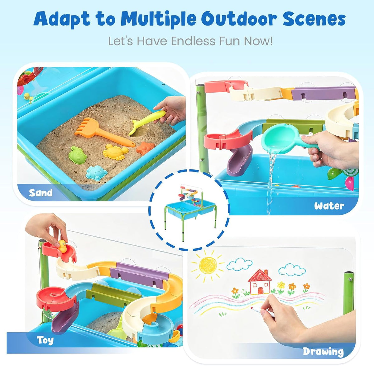 FUNLIO Mesa de agua de arena para niños pequeños, mesa sensorial 4 en 1 de altura ajustable para edades de 3 a 6 años, 2 contenedores de almacenamiento, panel acrílico y 16 accesorios, uso en
