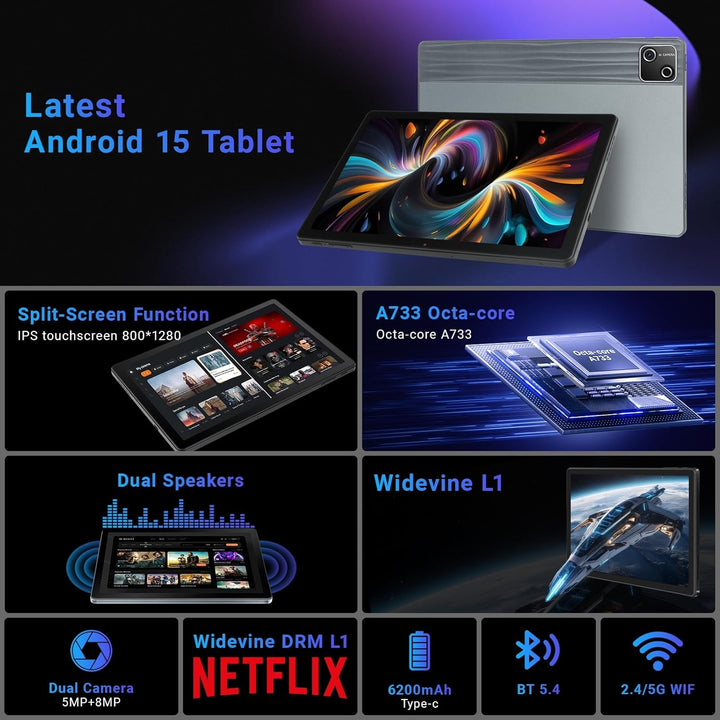 Tableta, tableta de 10 pulgadas Android 15 con procesador Octa-core...