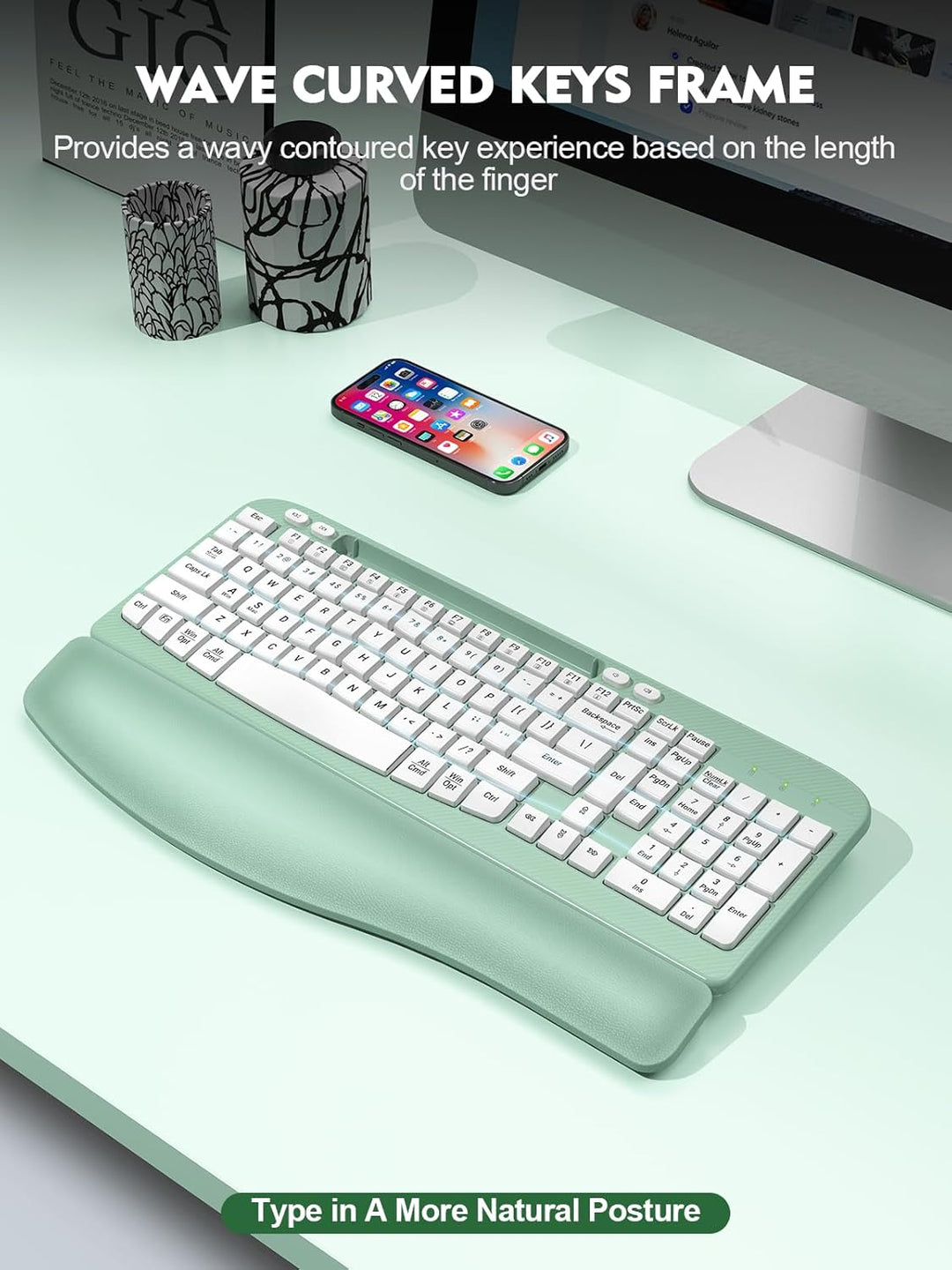 Teclado inalámbrico ergonómico con reposamuñecas acolchado, teclas...
