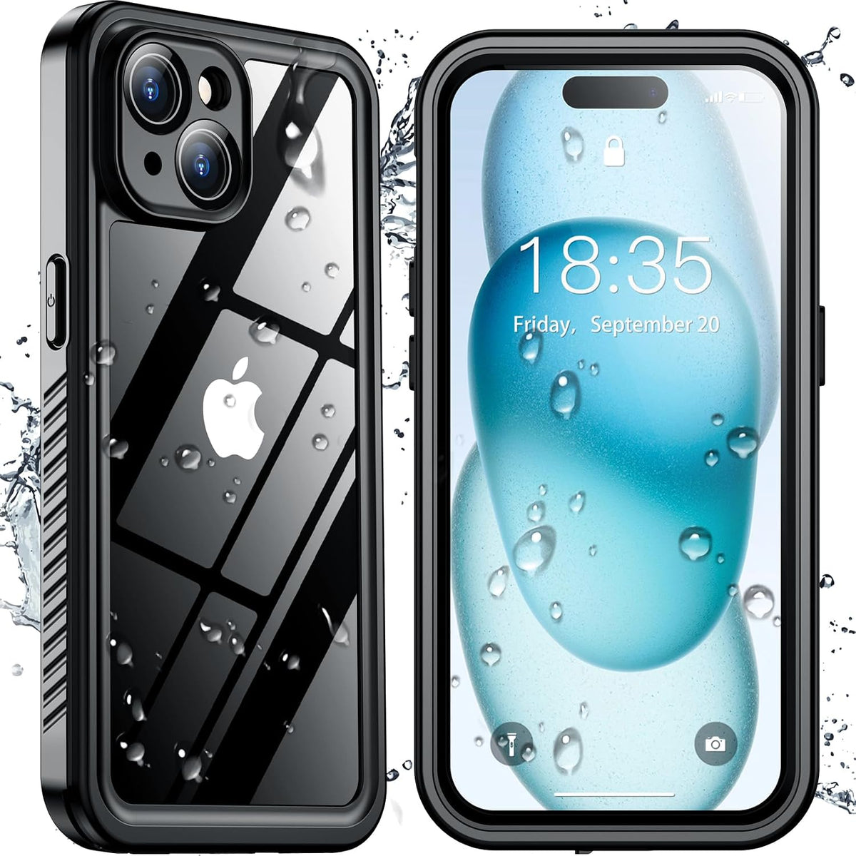SPIDERCASE Funda impermeable para iPhone 15, lente y protector de pantalla integrados, protección de alta resistencia, 12 pies, funda militar a prueba de golpes, a prueba de polvo, color negro