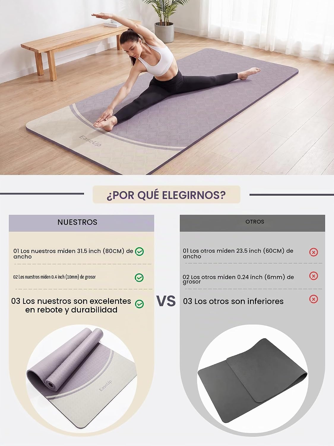 EaseUp Tapete de yoga de 0.394 in de grosor, 73 x 31.5 pulgadas, extra
