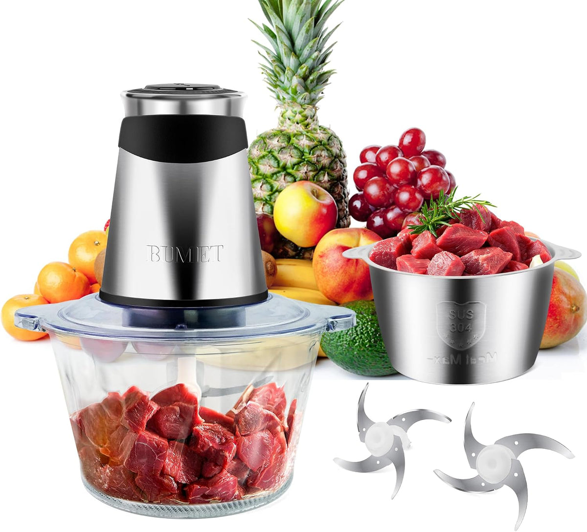 Picadora de Carne 500W 2×Tazones de 8 tazas 2 Cuchillas Picadora de Alimentos