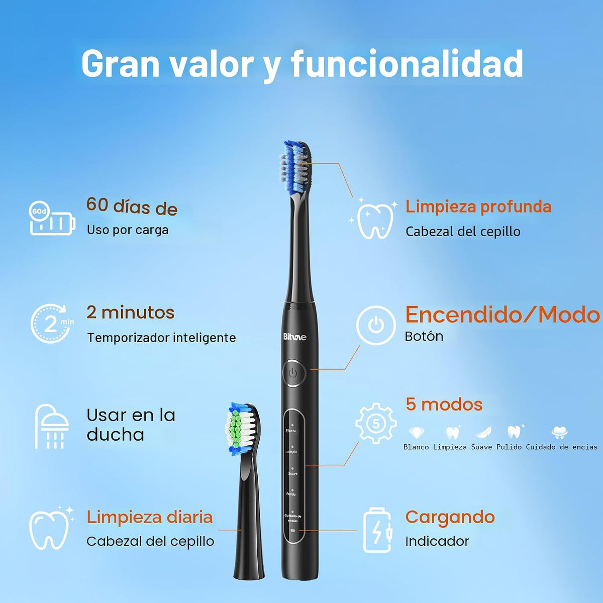 Cepillo de dientes eléctrico Bitvae aceptado por la ADA, cepillo de...