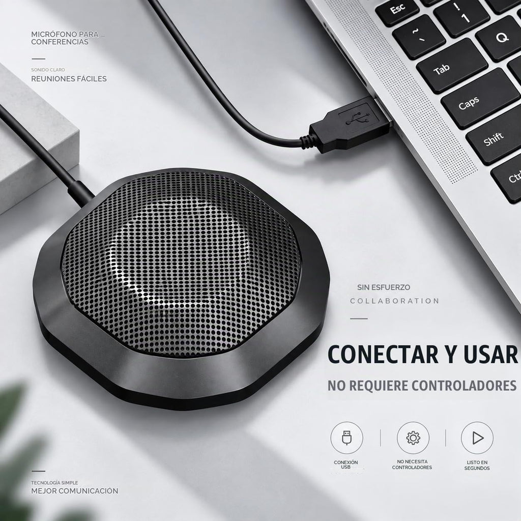 Micrófono de computadora de 360° para PC, micrófono de PC de conferencia USB, tecnología de cancelación de ruido, grabación, Skype, clase en línea, informador de cortes, Plug & Play
