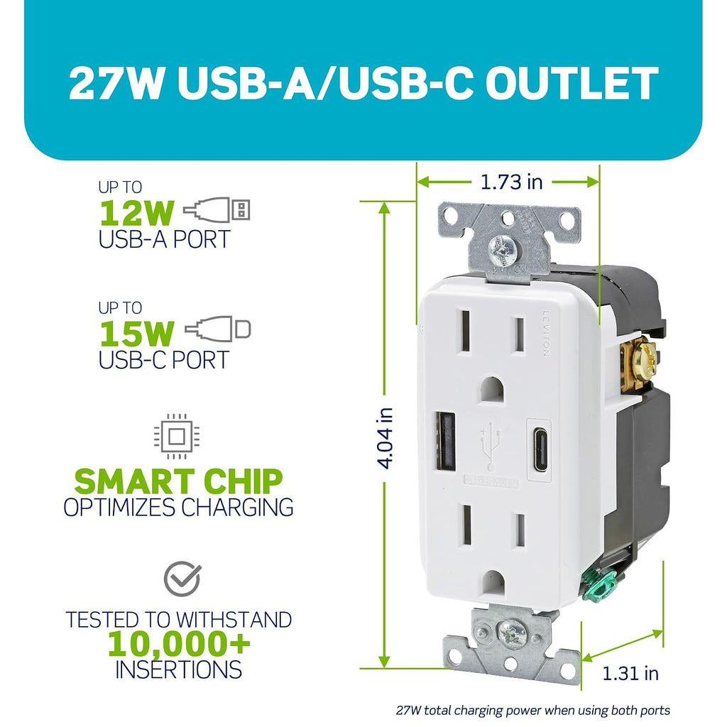 Leviton Decora - Toma de pared USB-A/C de 27 W, receptáculo TR, 15 A, AC1X3