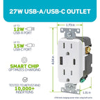Leviton Decora - Toma de pared USB-A/C de 27 W, receptáculo TR, 15 A, AC1X3