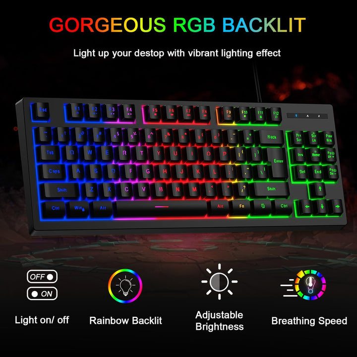 BlueFinger Combo de teclado RGB para juegos de 87 teclas y mouse re...