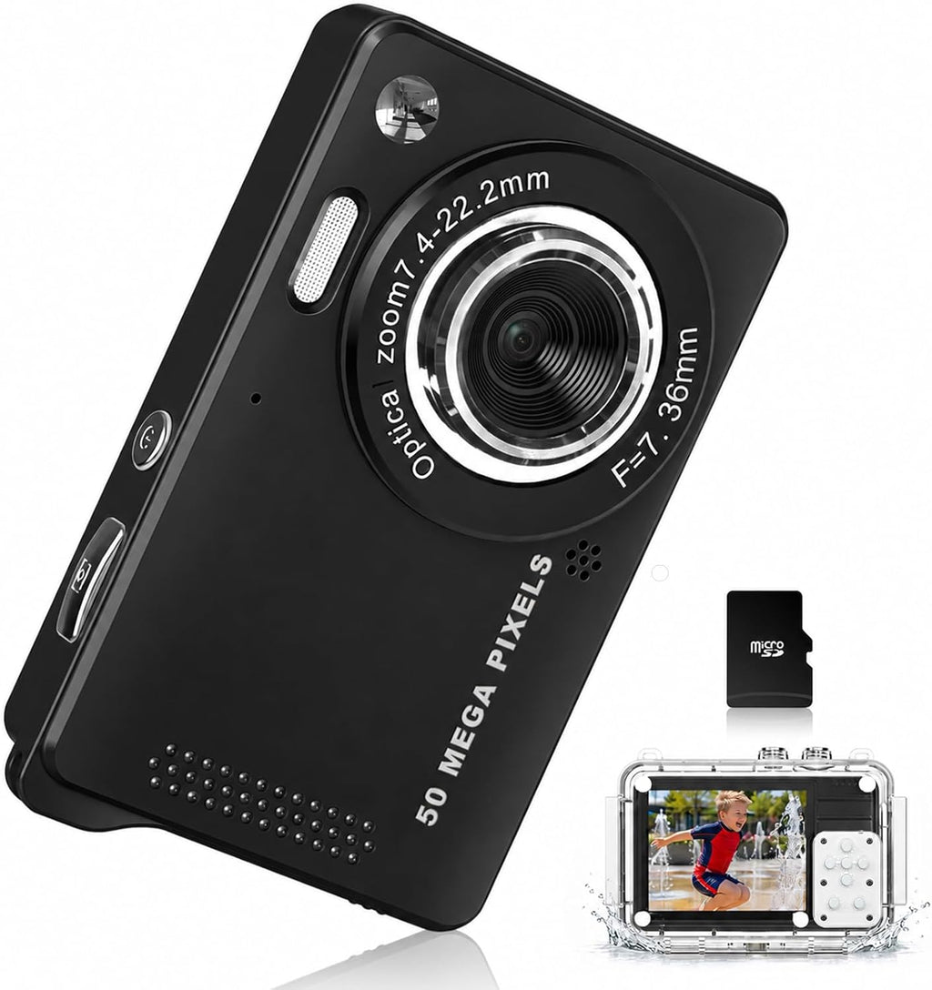 Cámara digital de 50 MP, cámara de vlogging 4K con funda impermeable IP68, zoom 16X, cámara de enfoque automático de 32 filtros para niños, para viajes, niños y adolescentes
