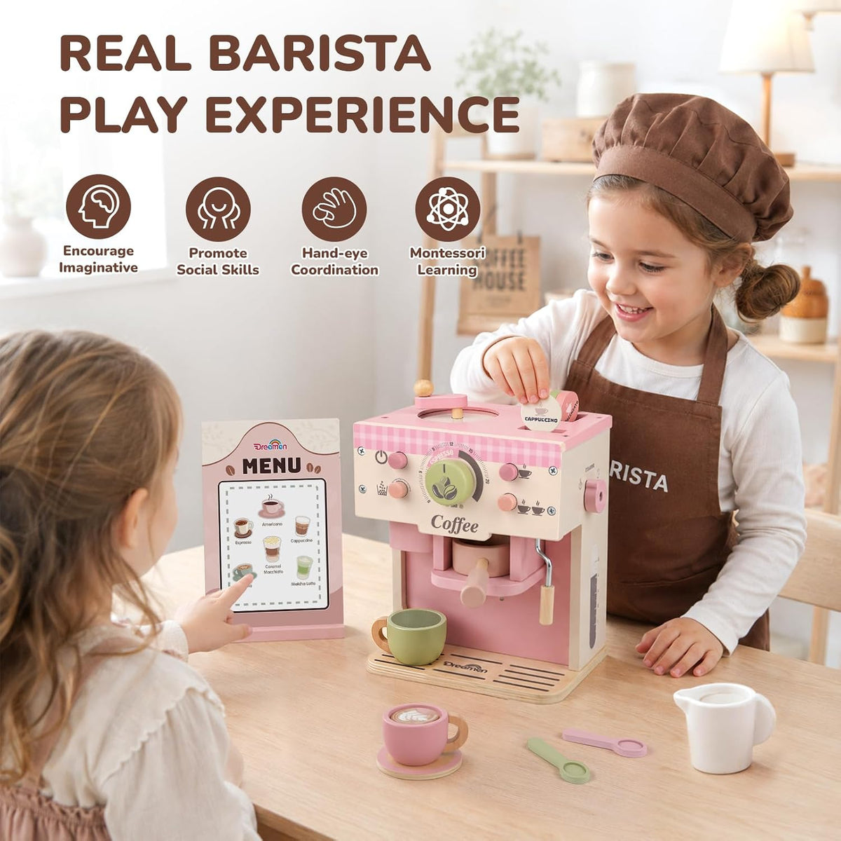 Dreamon Cafetera de juguete, accesorios de cocina de madera para niños