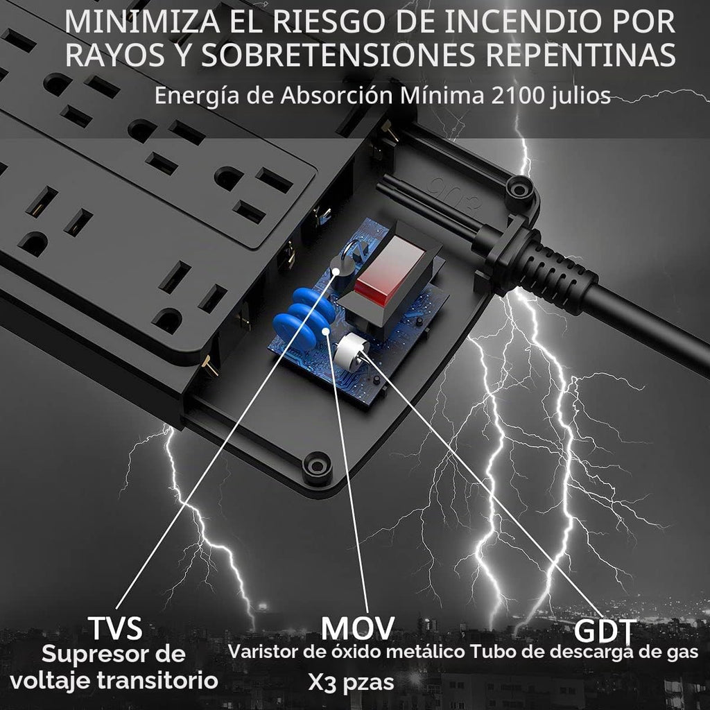 Regleta protectora de sobretensiones de 18 tomacorrientes – Cable de extensión de enchufe plano de 15 pies resistente con 18 tomas amplias y 4 puertos USB, 2100 julios, negro, certificación ETL