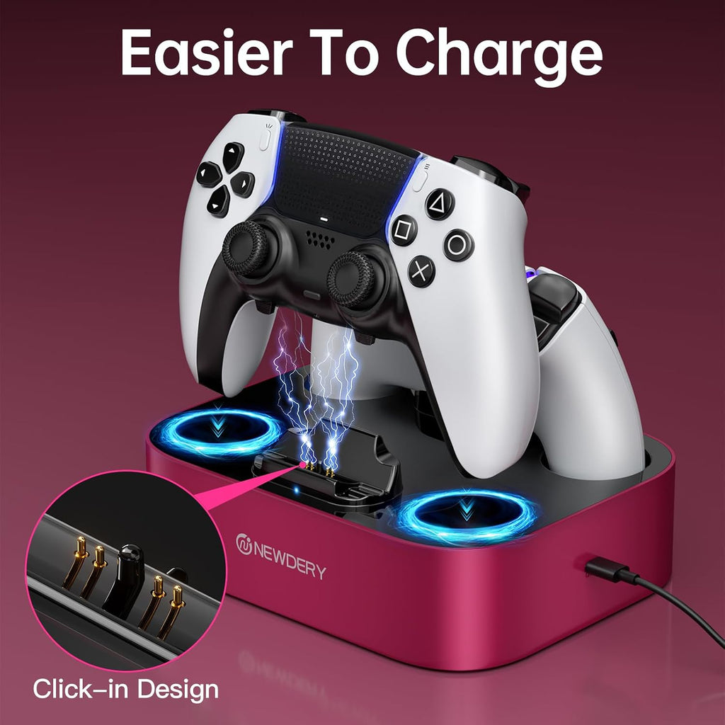 NEWDERY Estación de carga para controlador PS5, base de carga dual para PlayStation 5 DualSense/Edge Controller, soporte de carga rápida con cable tipo C, regalo para mujeres y niñas, día de la madre