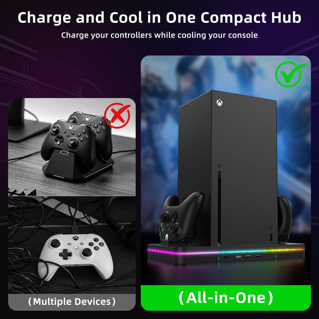 Accesorios Xbox Series X, soporte de carga de ventilador de refrigeración compatible con consola Xbox Series X/S, base de carga inalámbrica de doble controlador, ventiladores de 2 velocidades, 15