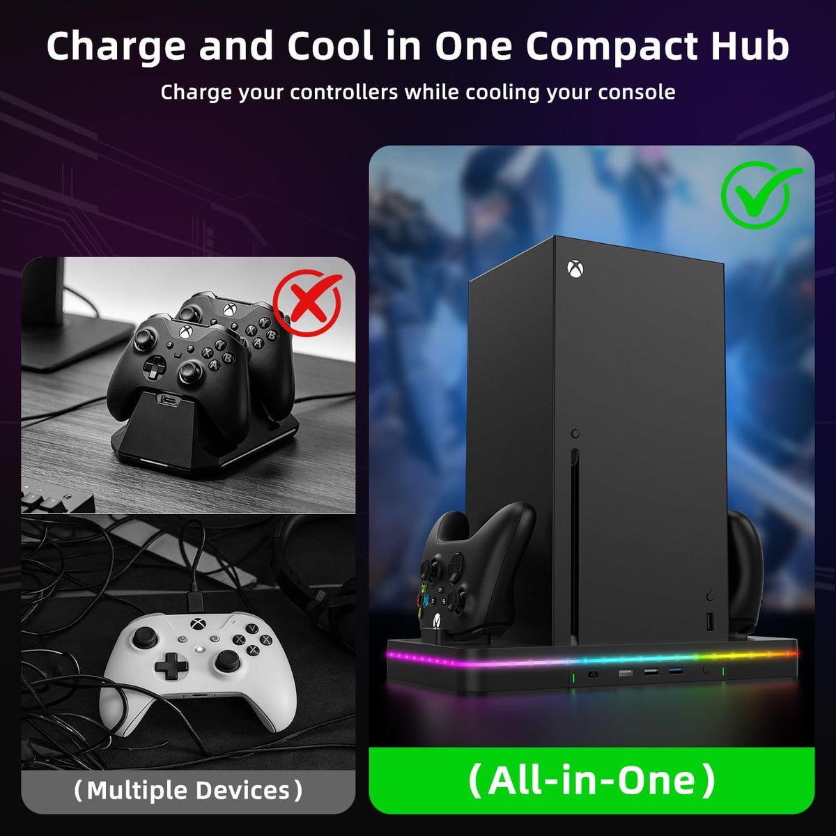 Accesorios Xbox Series X, soporte de carga de ventilador de refrigeración compatible con consola Xbox Series X/S, base de carga inalámbrica de doble controlador, ventiladores de 2 velocidades, 15