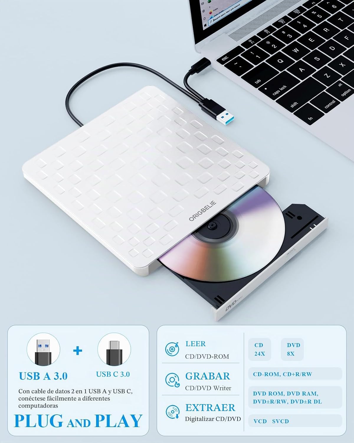 ORIGBELIE Unidad Externa de CD\/DVD para Laptop, Ultra Delgada de 1...