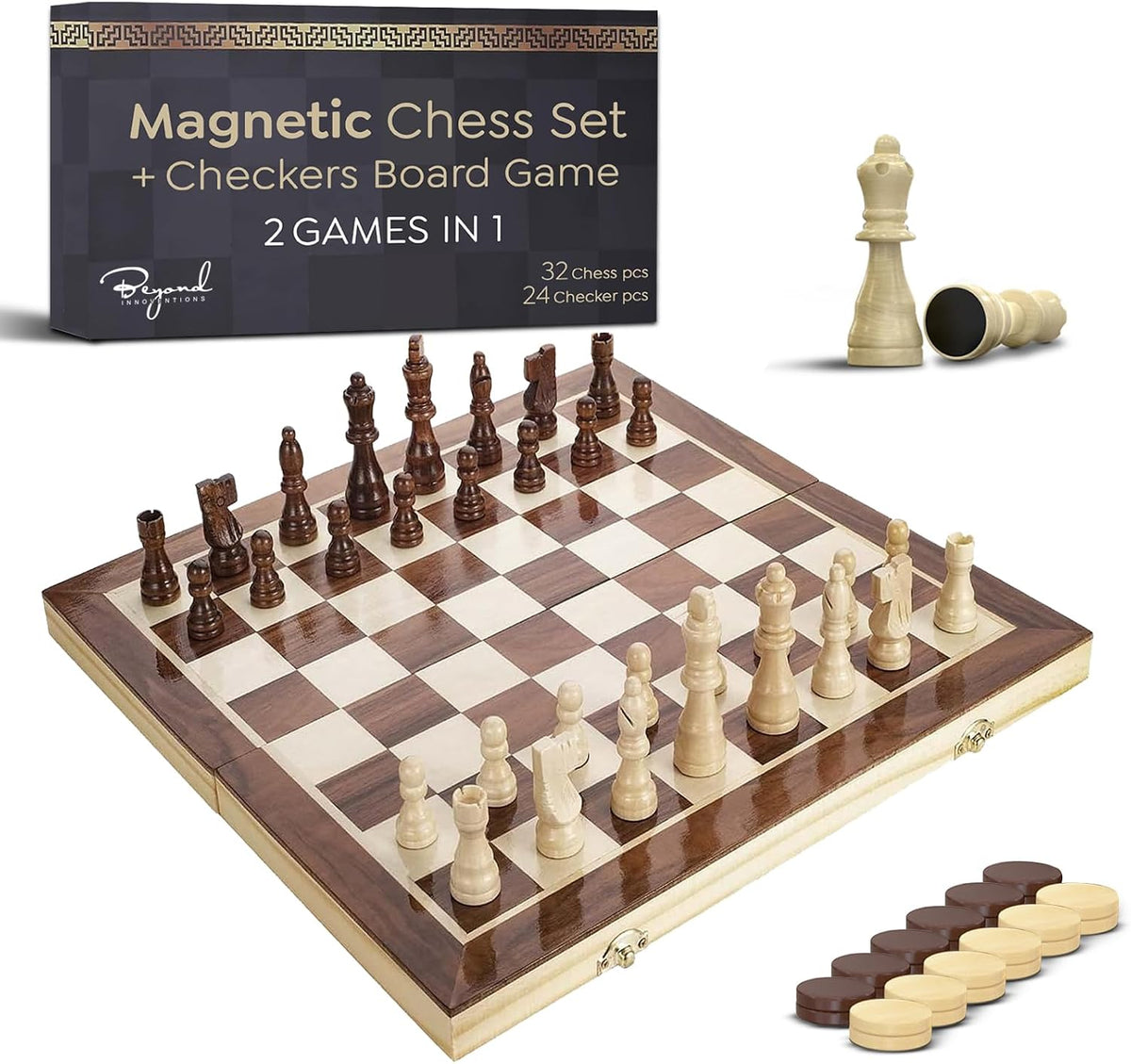 Juego de ajedrez magnético y damas, tablero de madera plegable de 15 x 15