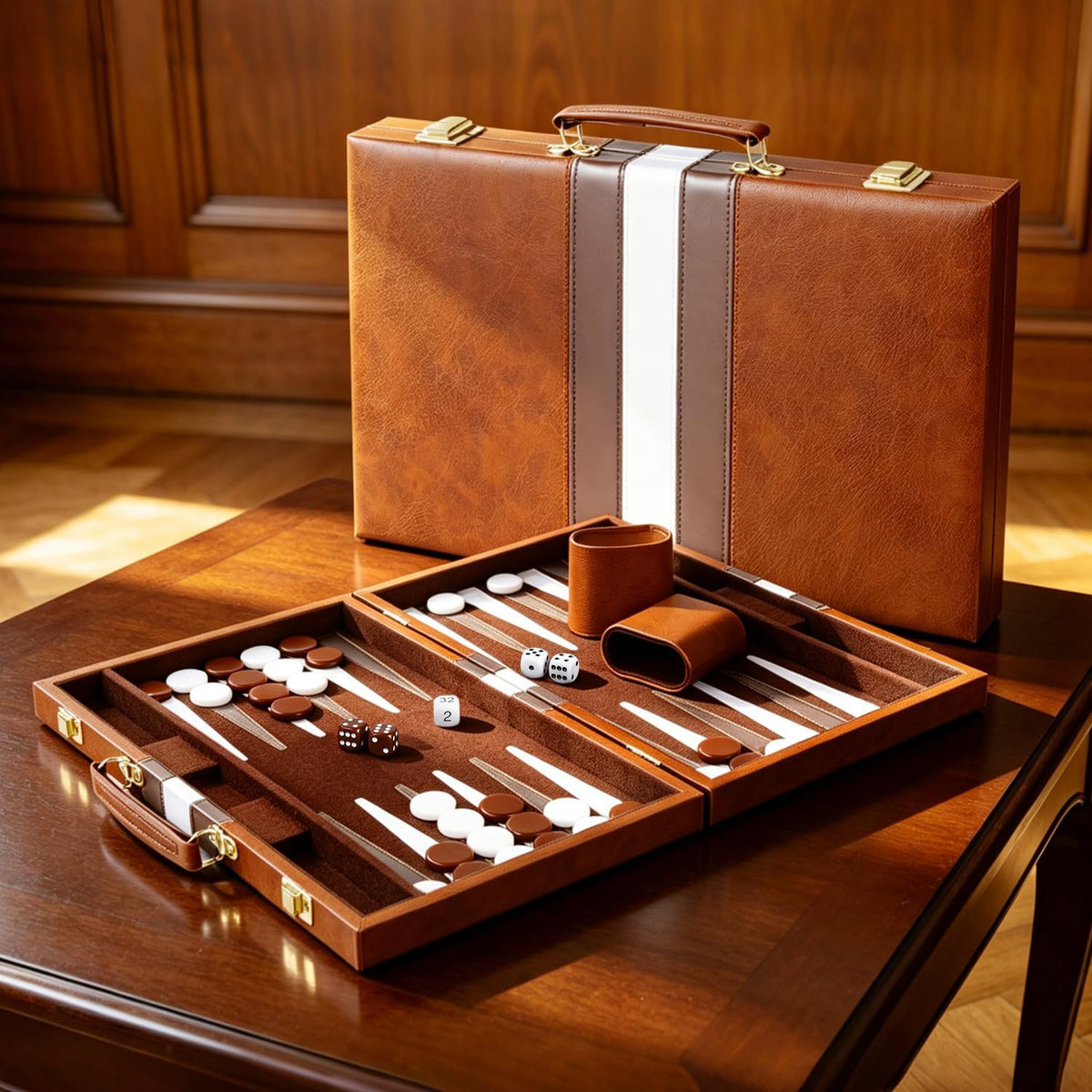 ARUOHHA Juegos clásicos de backgammon para adultos, funda de cuero de lujo, interior de fieltro, juego de backgammon portátil y de viaje, popular juego de mesa, marrón (15 pulgadas)