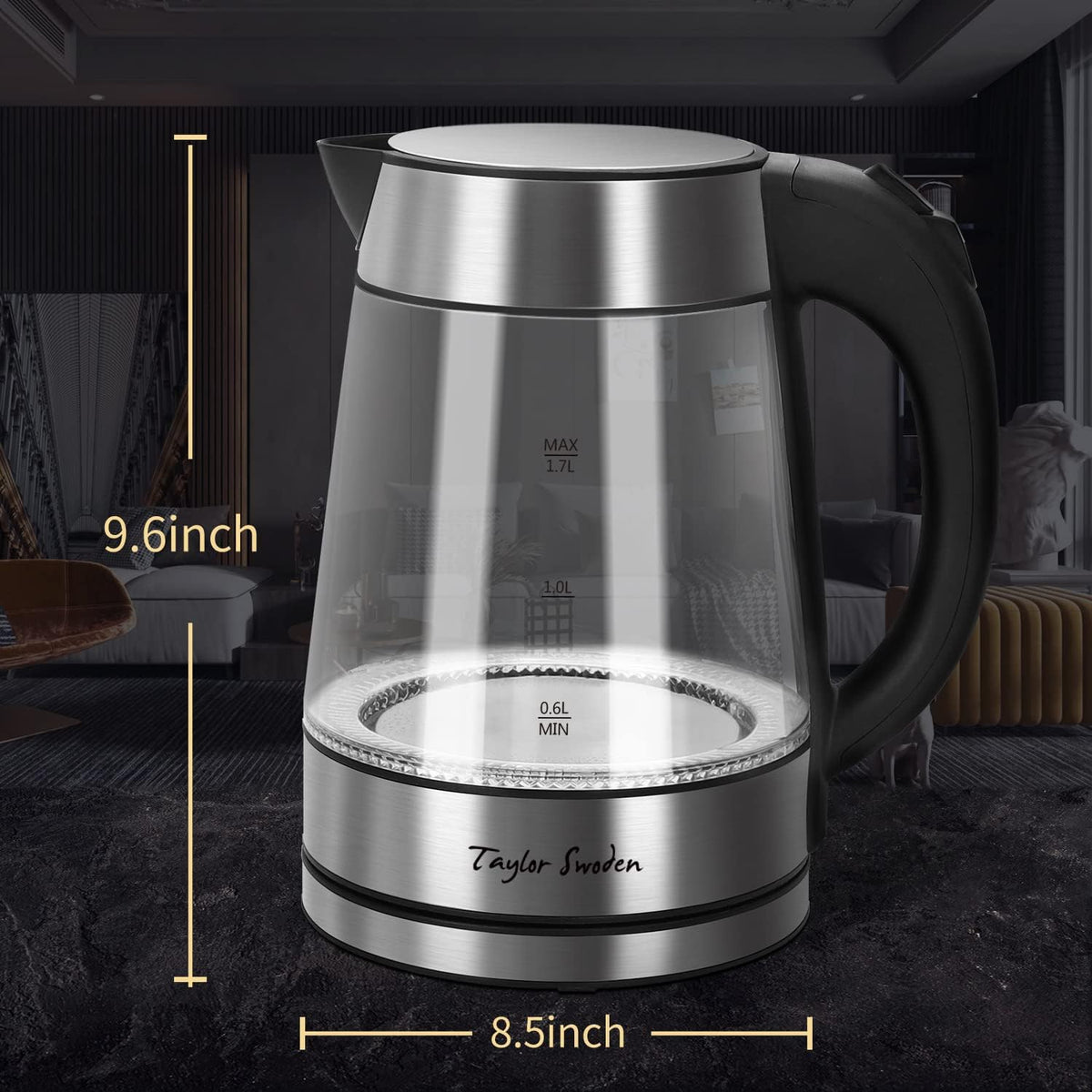 Taylor Swoden - Tetera de vidrio eléctrica para agua caliente para té y café de 1.7 litros, hervidor eléctrico de ebullición rápida, hervidor de agua inalámbrico con apagado automático y protección