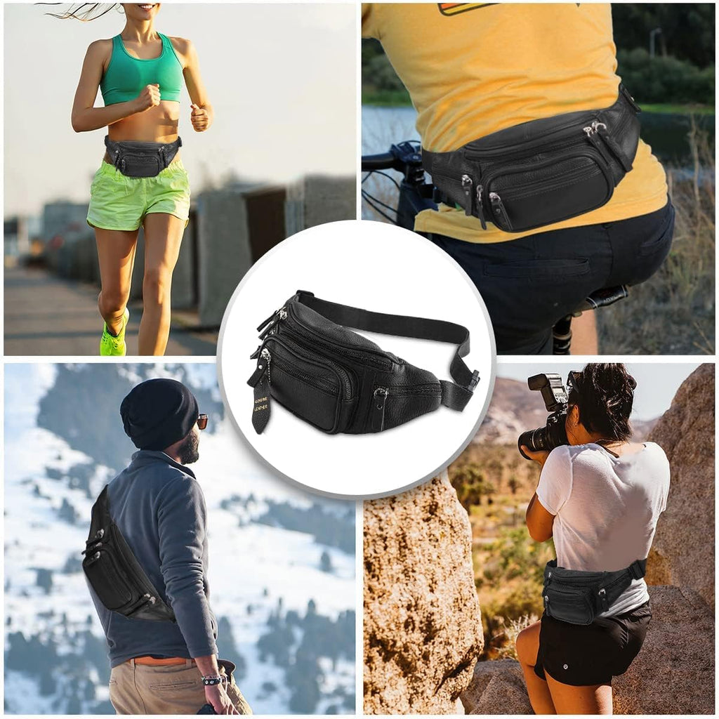 Riñonera multifunción de cuero genuino para hombres y mujeres, múltiples bolsillos y cremalleras resistentes, ideal para senderismo, correr y ciclismo